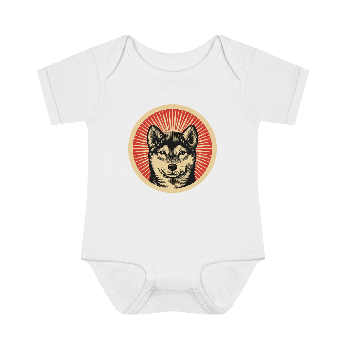 Shiba Inu badge art in a ring of red rays on a baby bodysuit