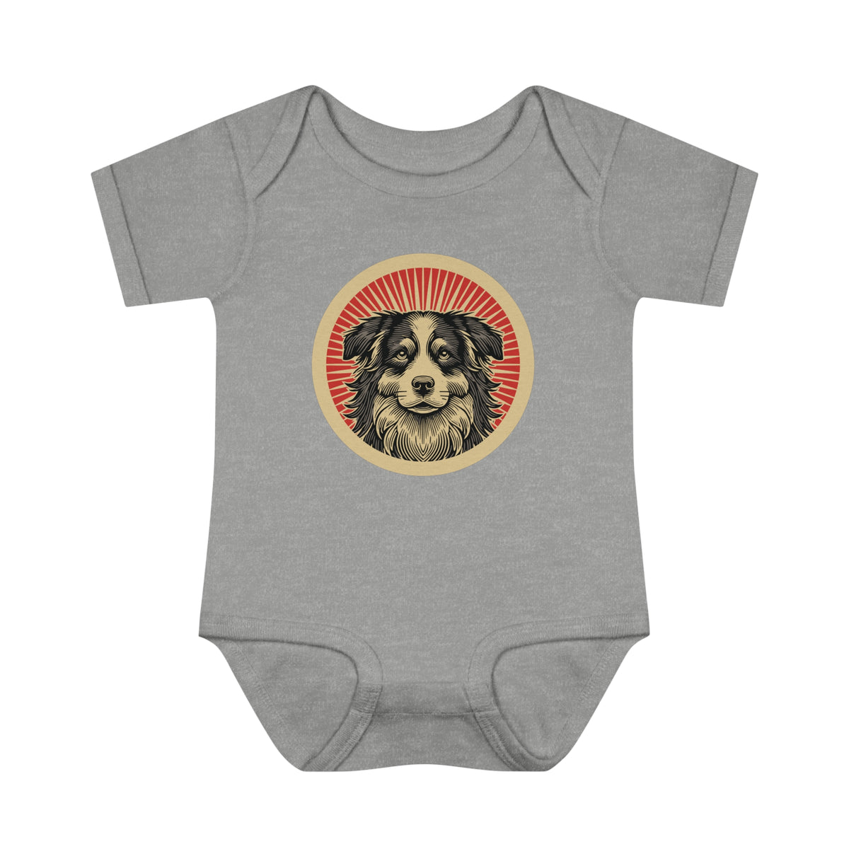 Border Collie badge art in a ring of red rays on a baby bodysuit