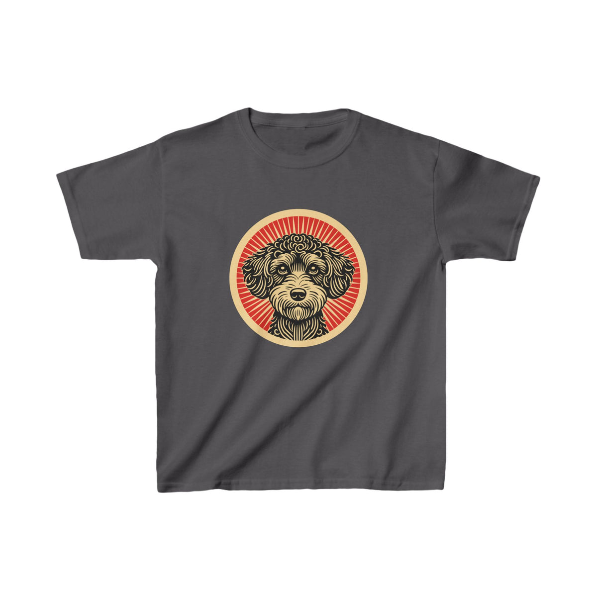 Schnoodle badge art in a ring of red rays on a kids' tee