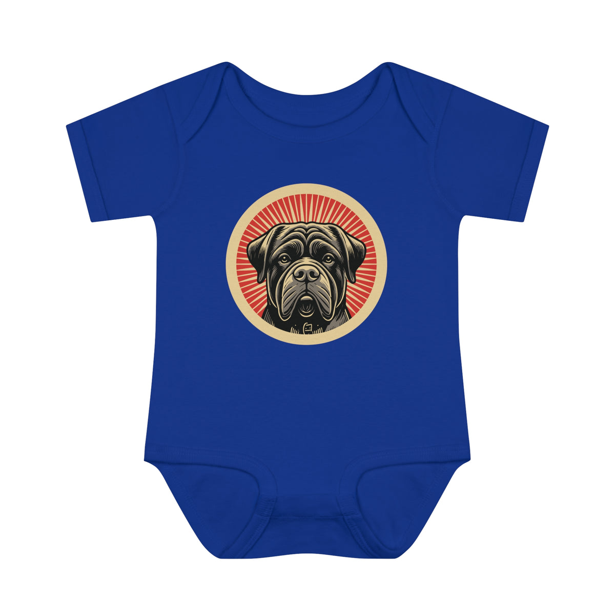 Bullmastiff badge art in a ring of red rays on a baby bodysuit