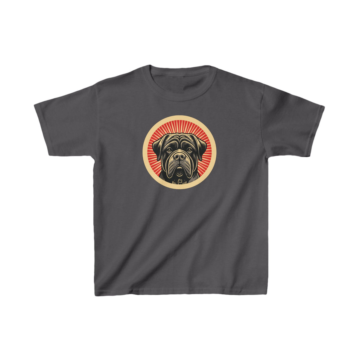 Bullmastiff badge art in a ring of red rays on a kids' tee