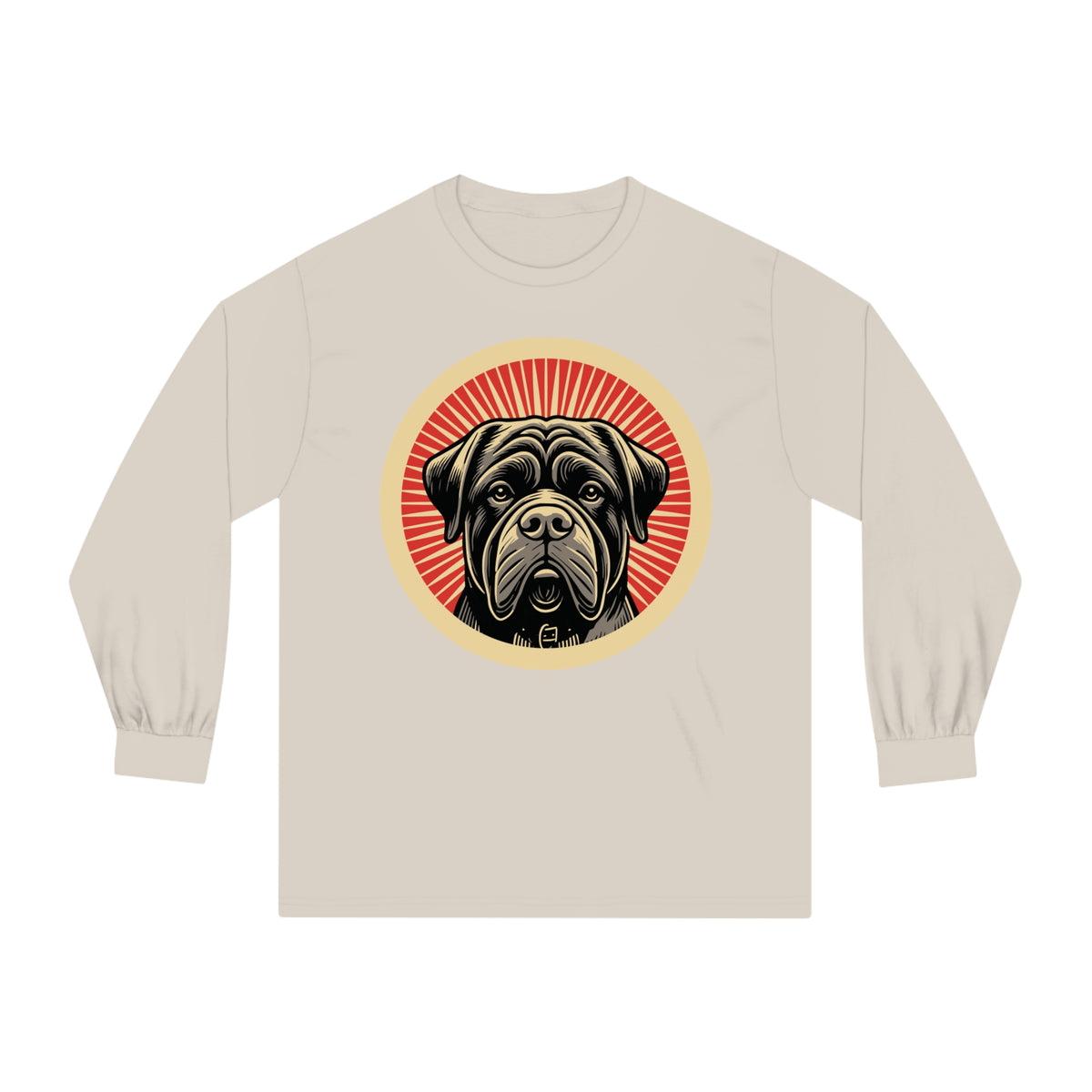 Bullmastiff badge art in a ring of red rays on a long-sleeve tee