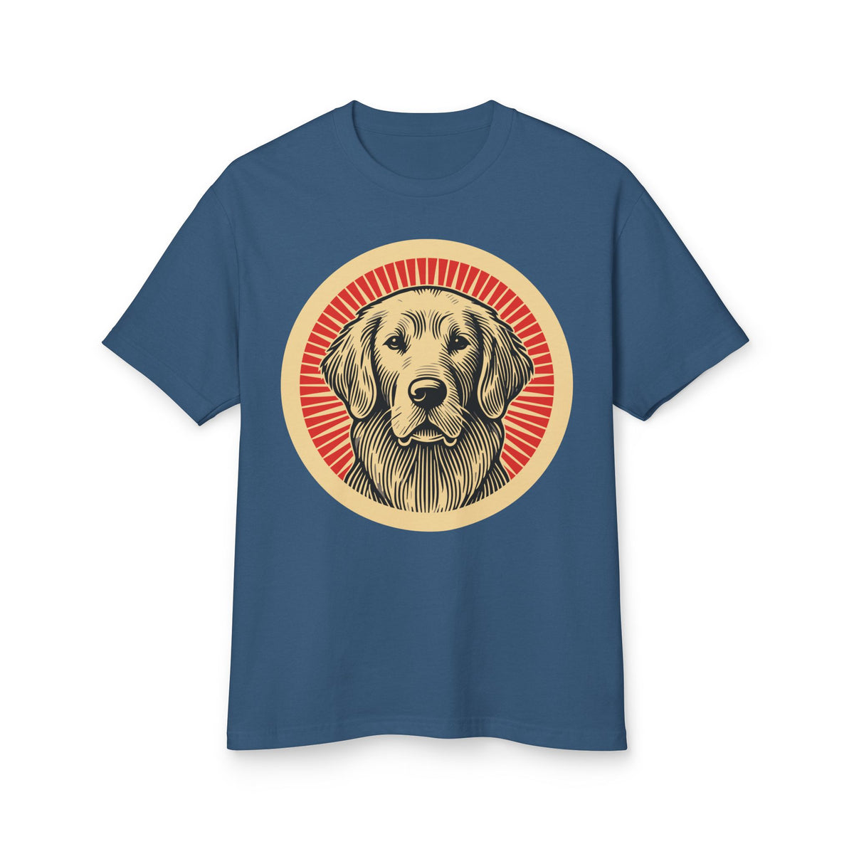 Golden Retriever badge art in a ring of red rays on a heavyweight tee
