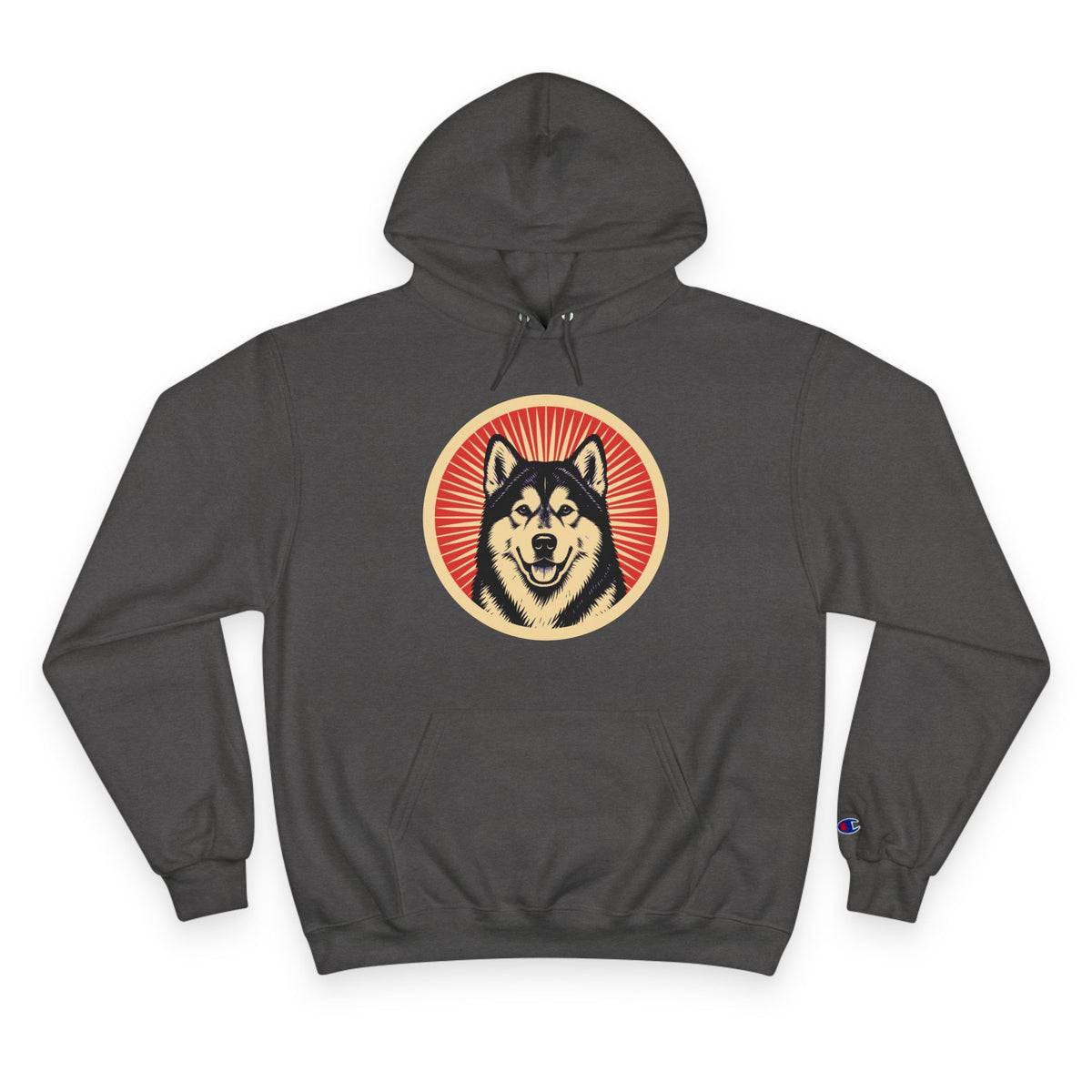 Alaskan Malamute badge art in a ring of red rays on a champion hoodie