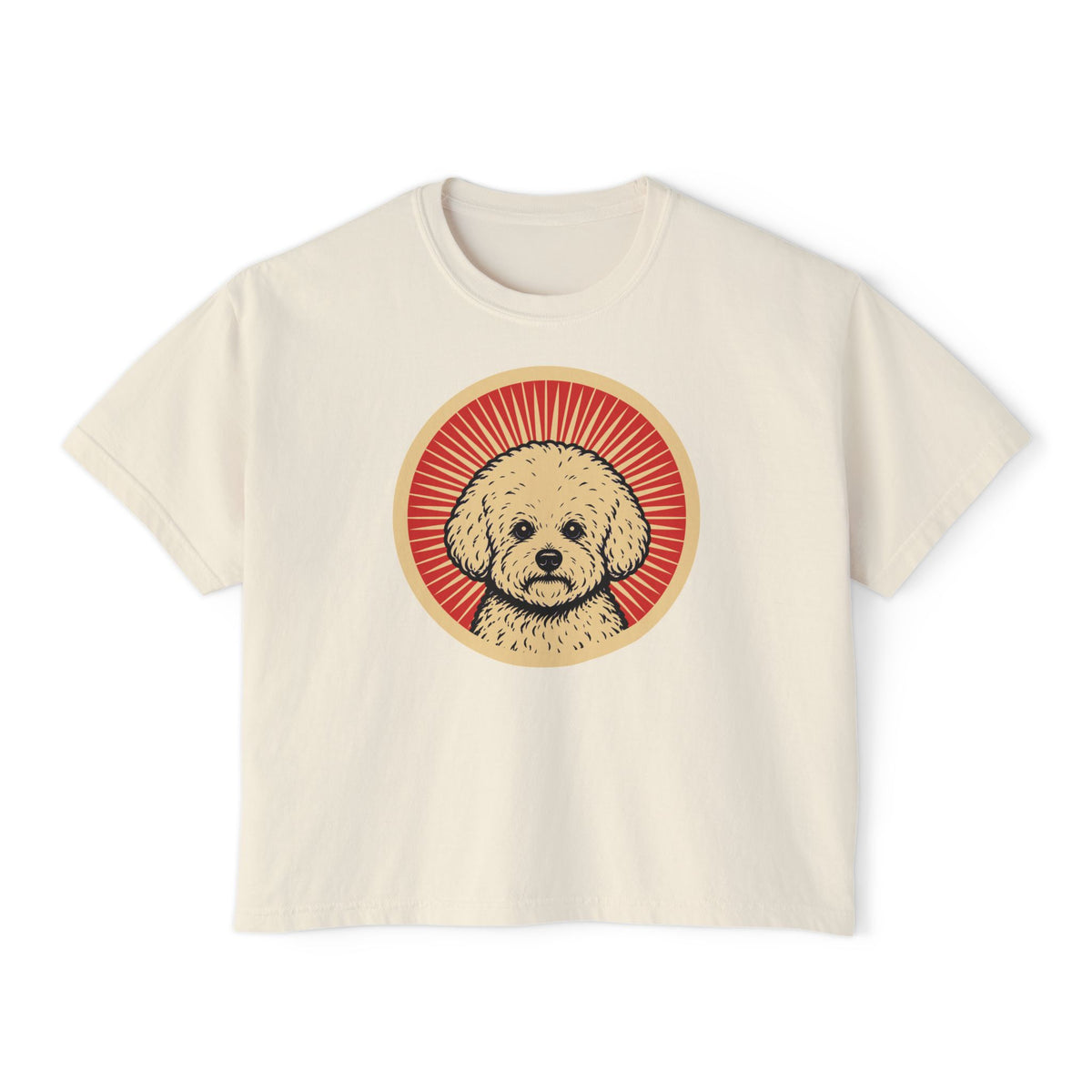 Bichon Frise badge art in a ring of red rays on a boxy tee