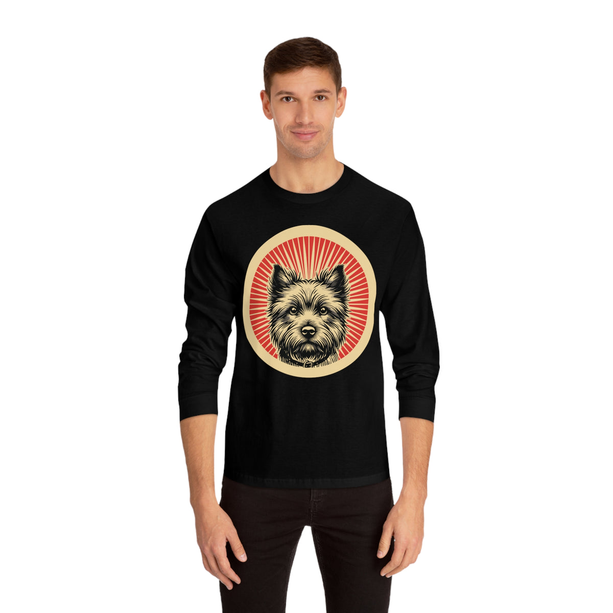 Cairn Terrier badge art in a ring of red rays on a long-sleeve tee