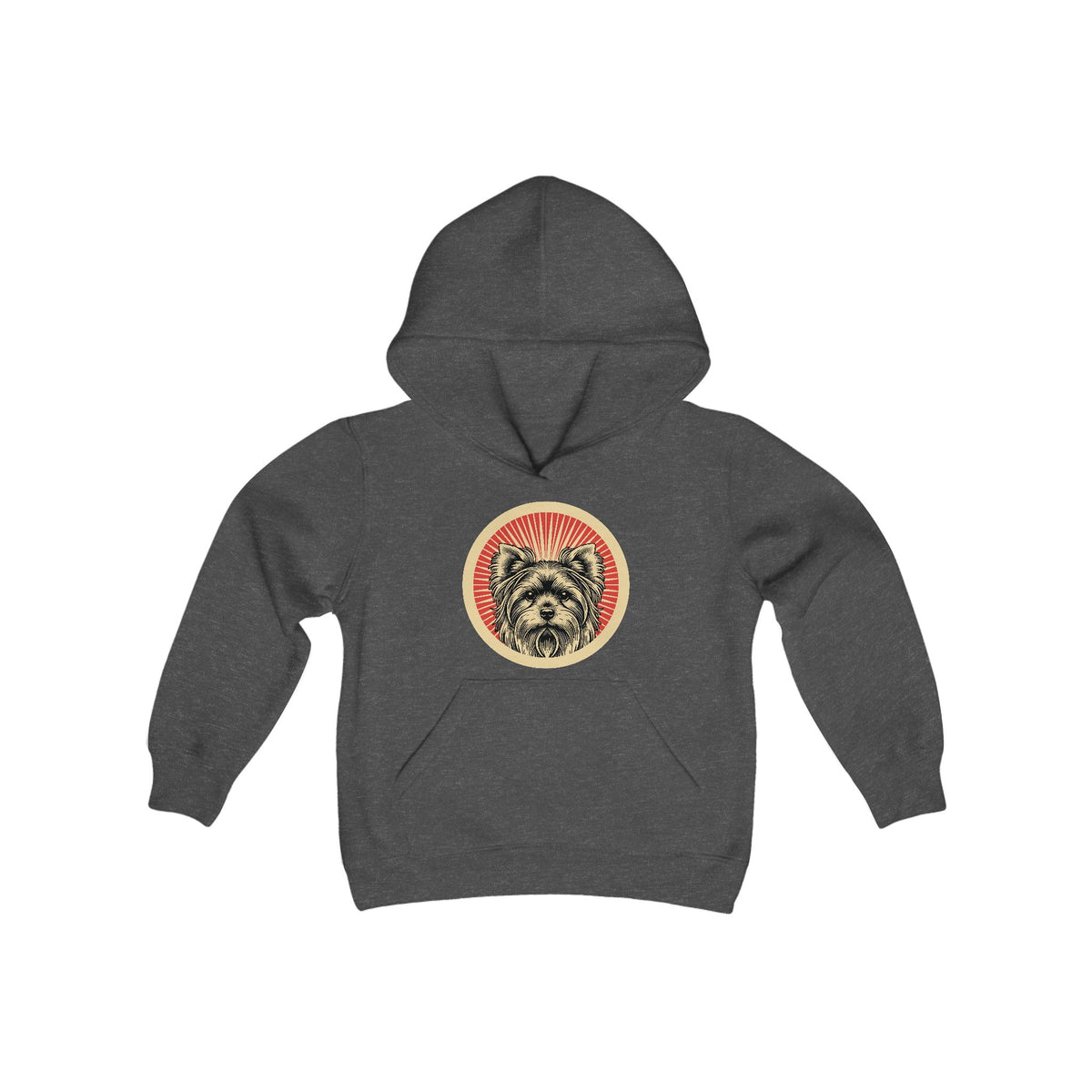 Yorkshire Terrier badge art in a ring of red rays on a kids' hoodie