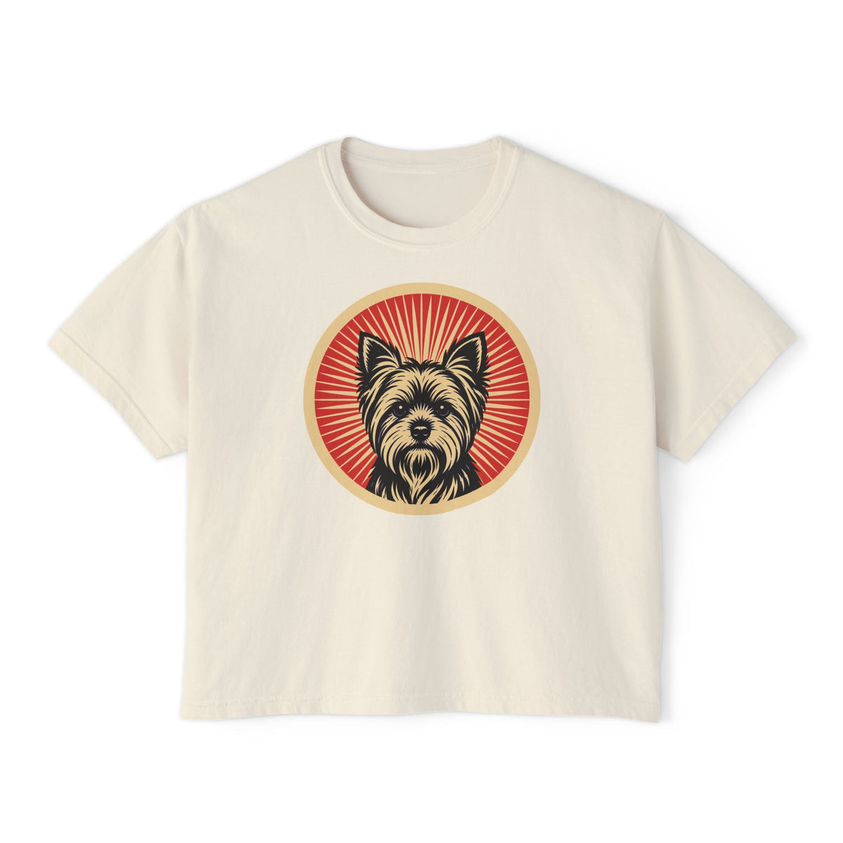 Yorkshire Terrier badge art in a ring of red rays on a boxy tee