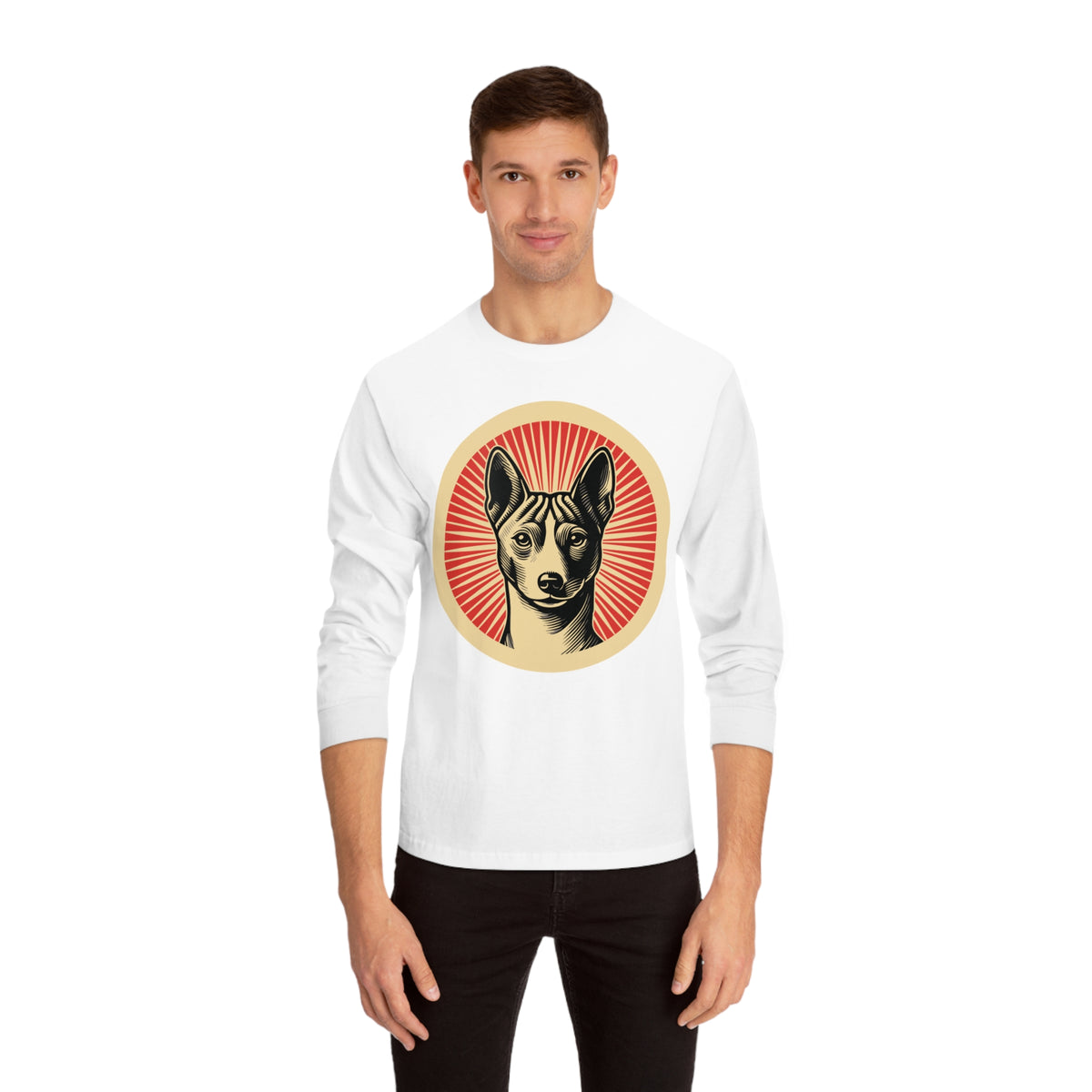 Basenji badge art in a ring of red rays on a long-sleeve tee