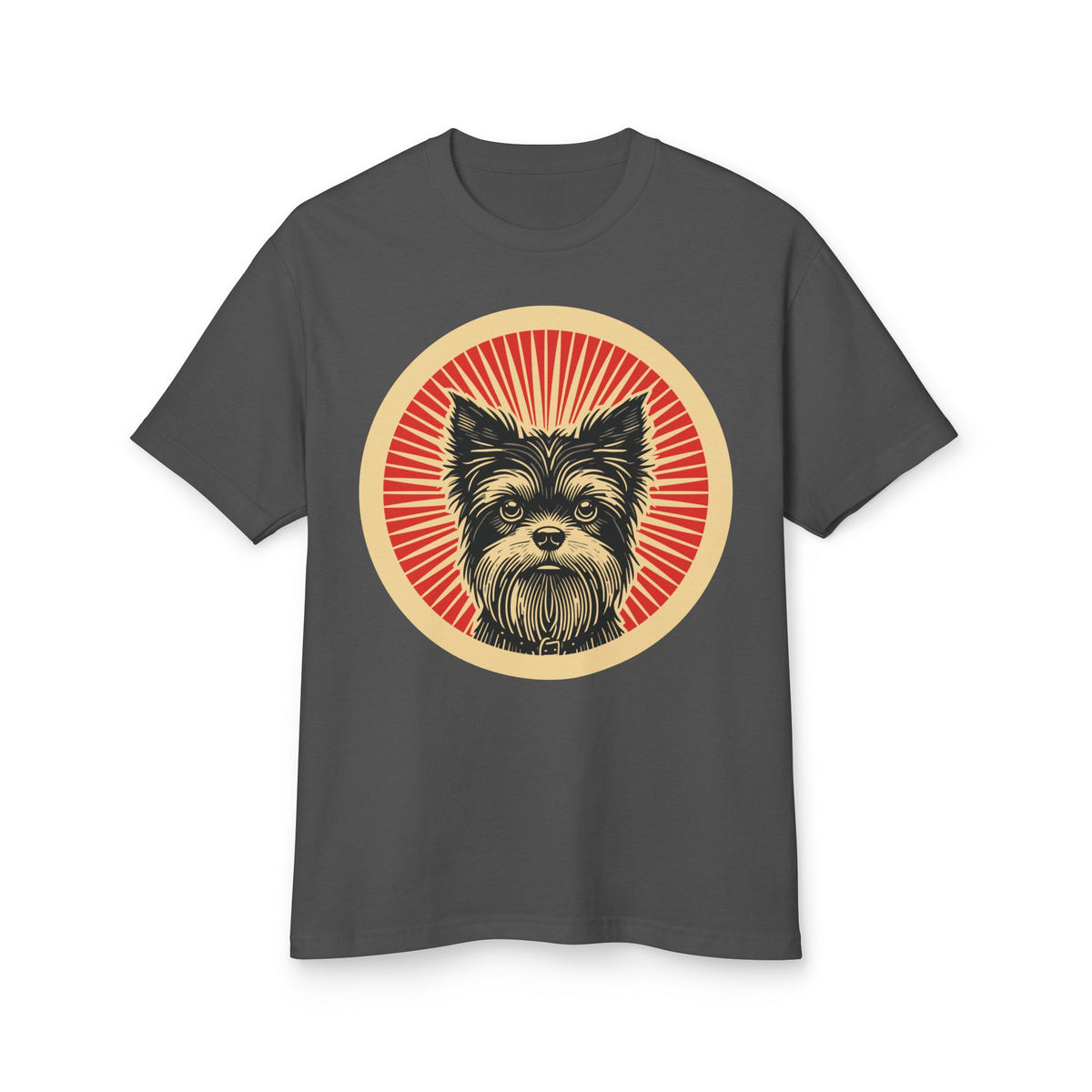 Affenpinscher badge art in a ring of red rays on a heavyweight tee