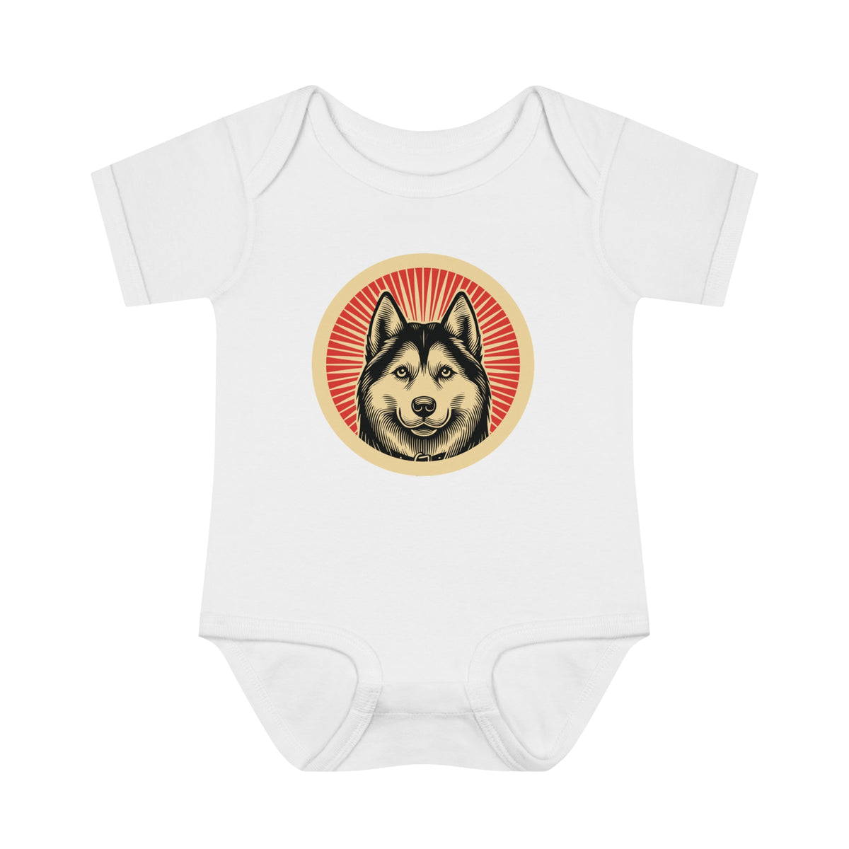 Siberian Husky badge art in a ring of red rays on a baby bodysuit