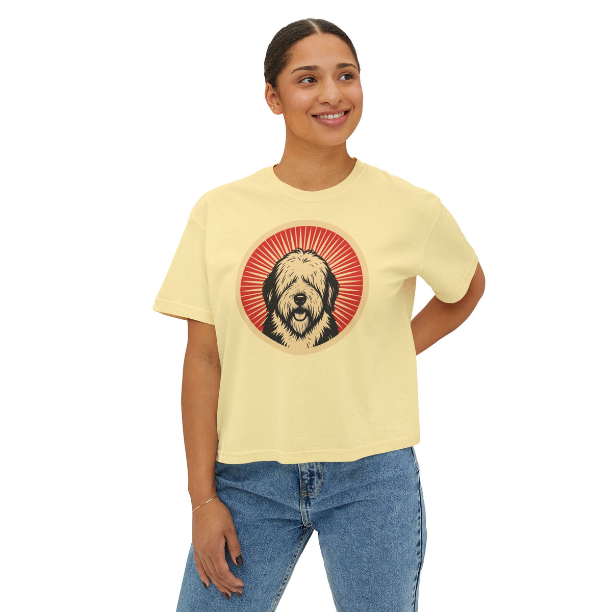 Old English Sheepdog badge art in a ring of red rays on a boxy tee
