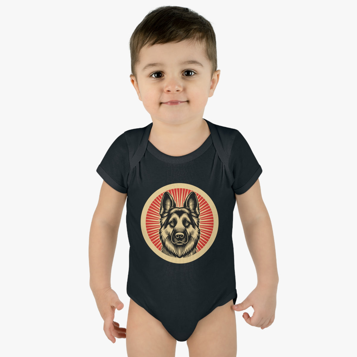 German Shepherd badge art in a ring of red rays on a baby bodysuit