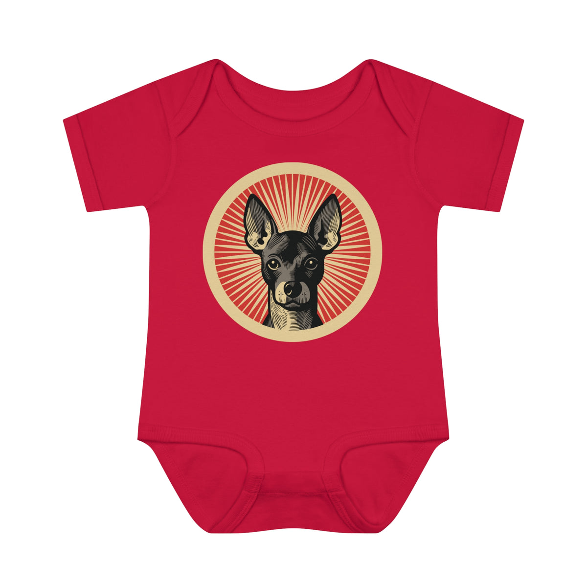 Xoloitzcuintle badge art in a ring of red rays on a baby bodysuit
