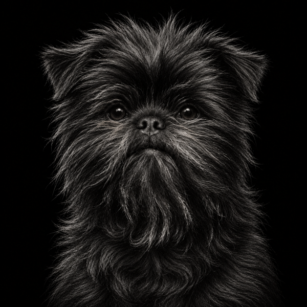 A close-up portrait of a mezzotint style black and gray Affenpinscher dog against a solid black background.