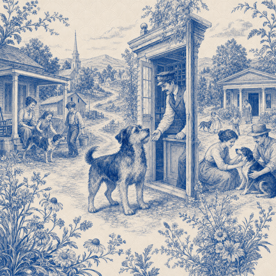 All-American, blue and white toile illustration