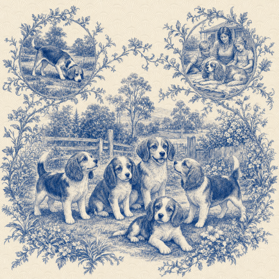 Beaglier, blue and white toile illustration