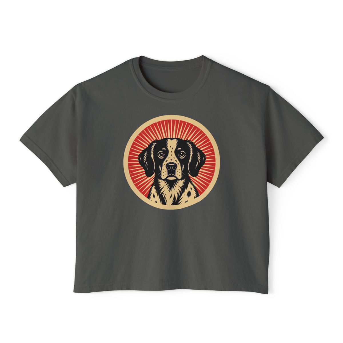 Brittany badge art in a ring of red rays on a boxy tee