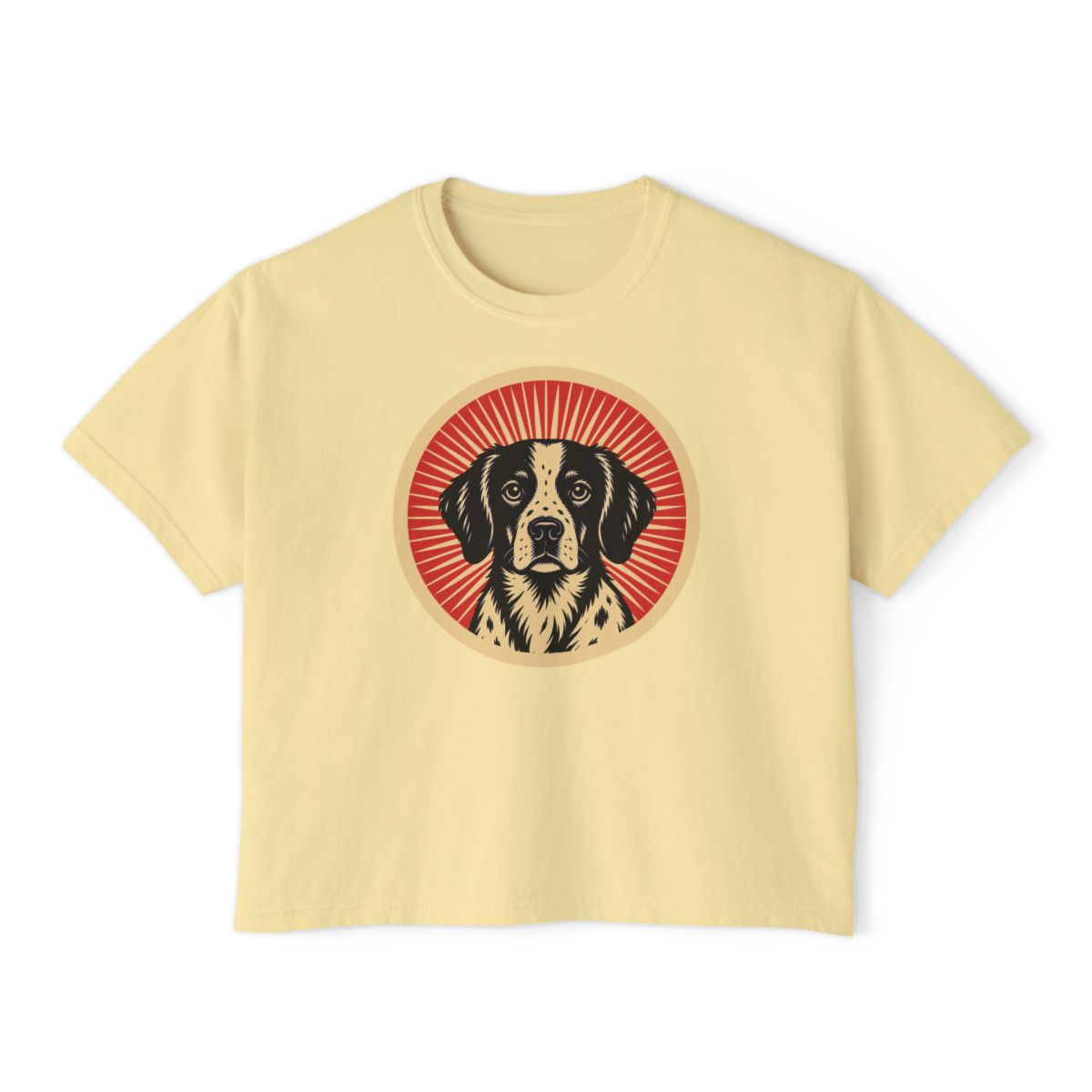 Brittany badge art in a ring of red rays on a boxy tee