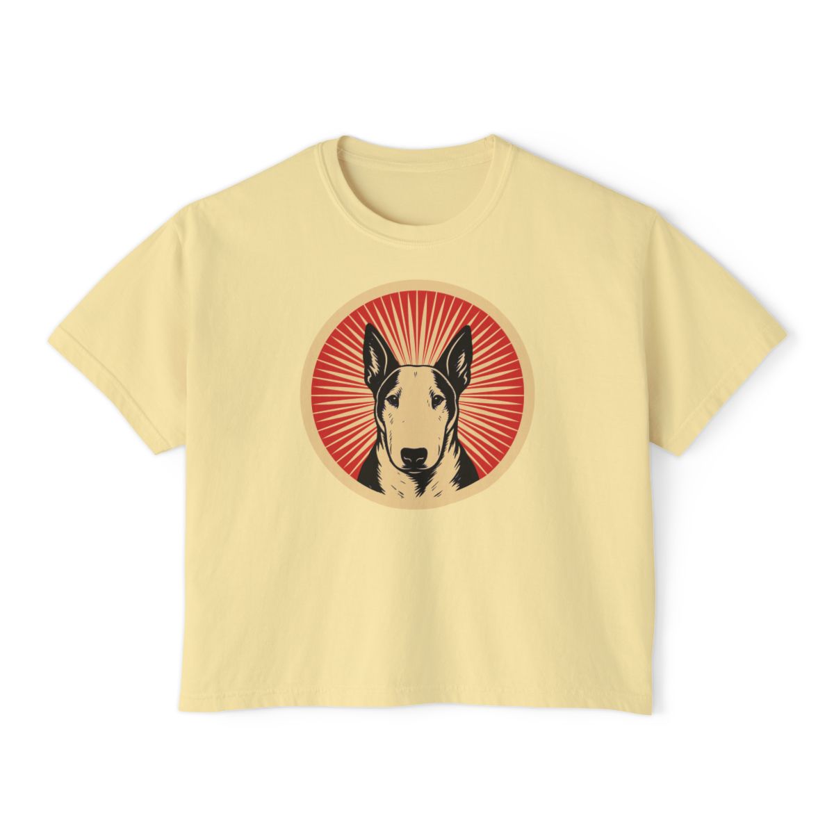 Bull Terrier badge art in a ring of red rays on a boxy tee