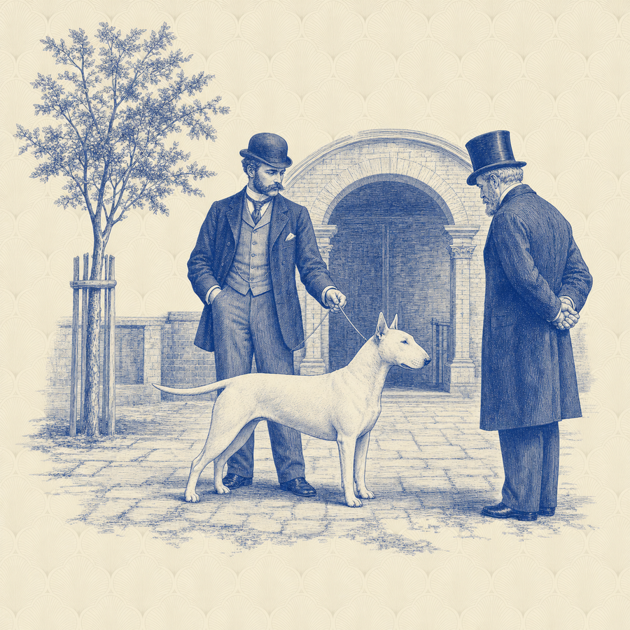 Bull Terrier, blue and white toile illustration