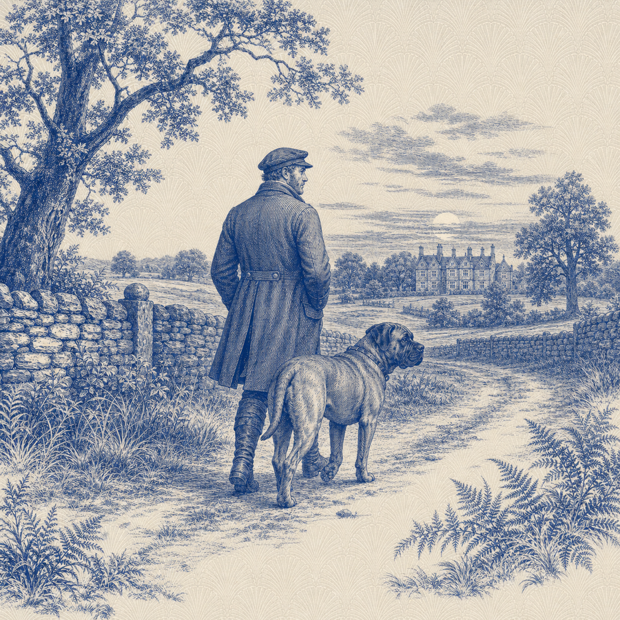 Bullmastiff, blue and white toile illustration