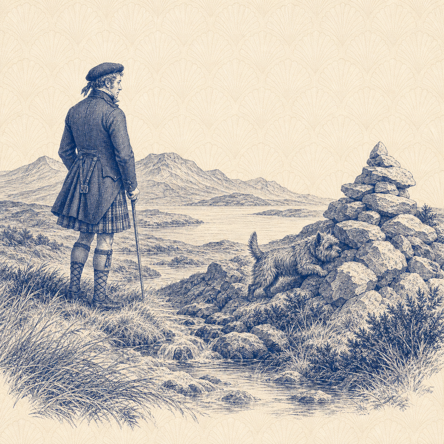 Cairn Terrier, blue and white toile illustration