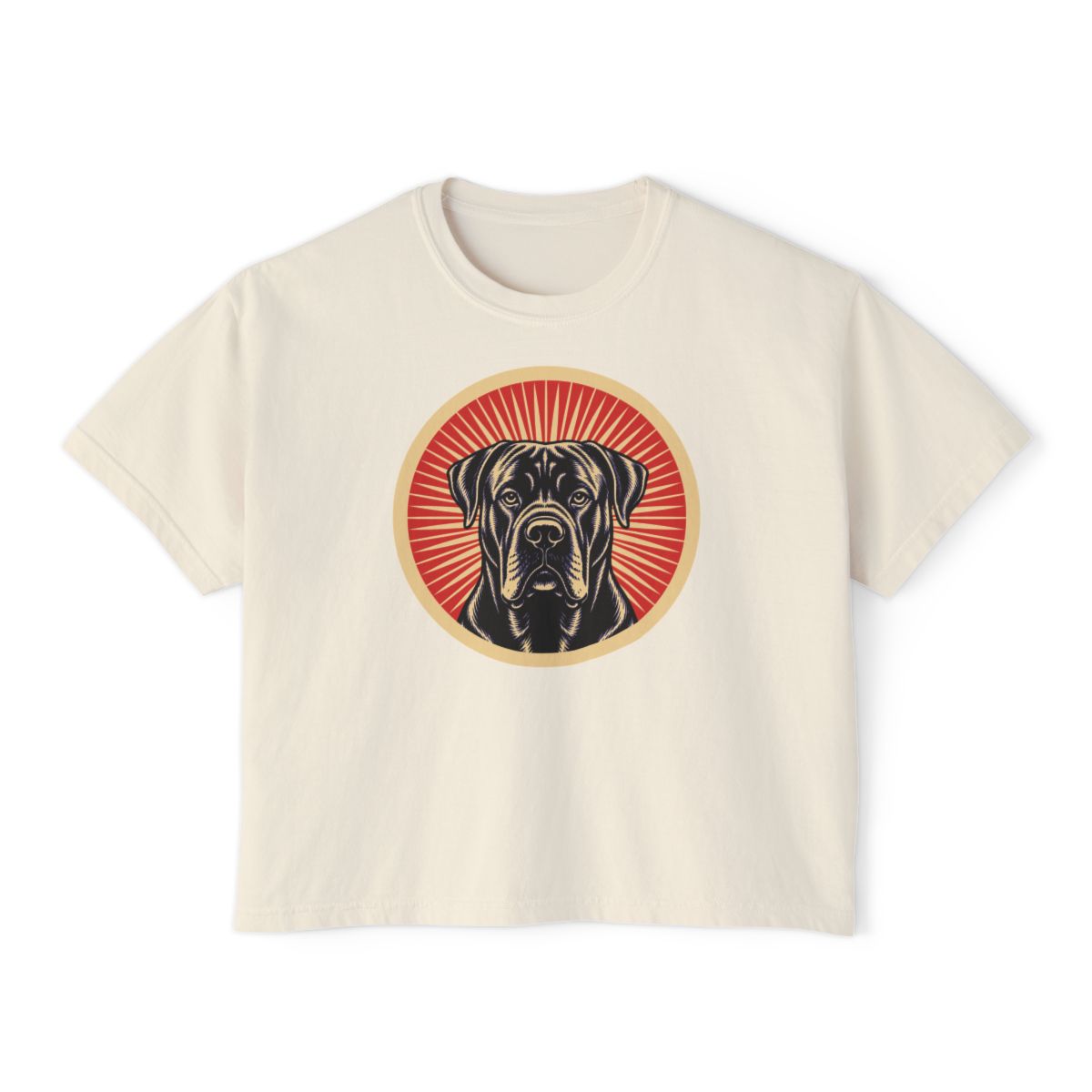 Cane Corso badge art in a ring of red rays on a boxy tee
