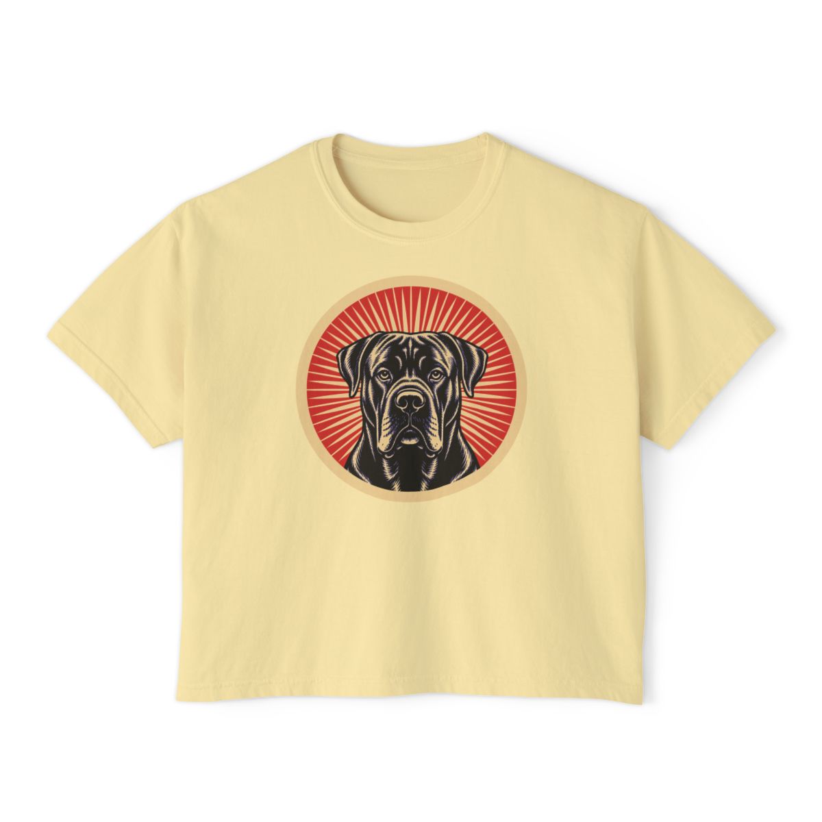 Cane Corso badge art in a ring of red rays on a boxy tee