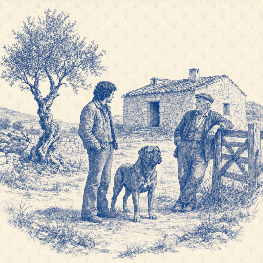 Cane Corso, blue and white toile illustration