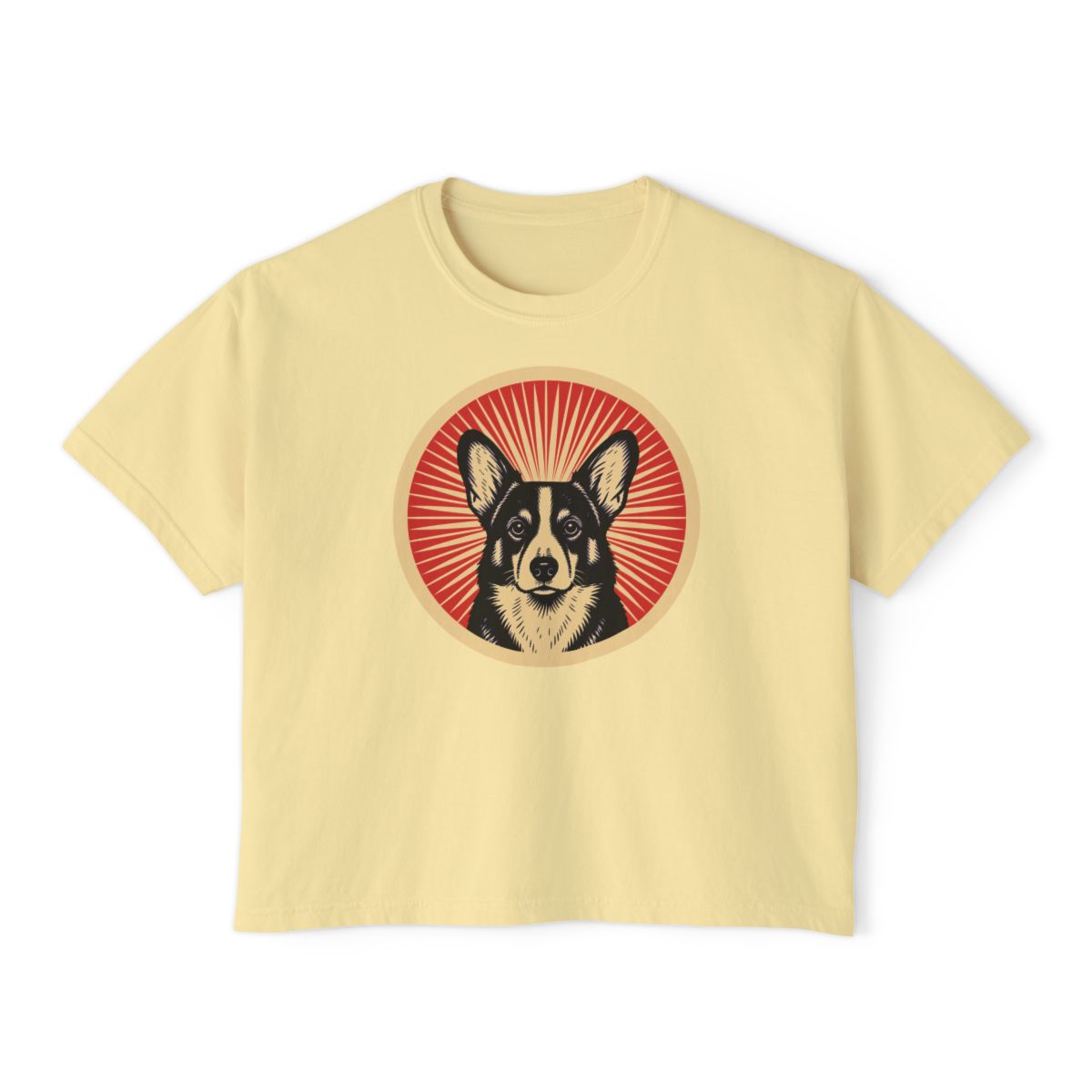 Cardigan Welsh Corgi badge art in a ring of red rays on a boxy tee
