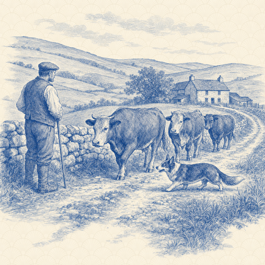 Cardigan Welsh Corgi, blue and white toile illustration