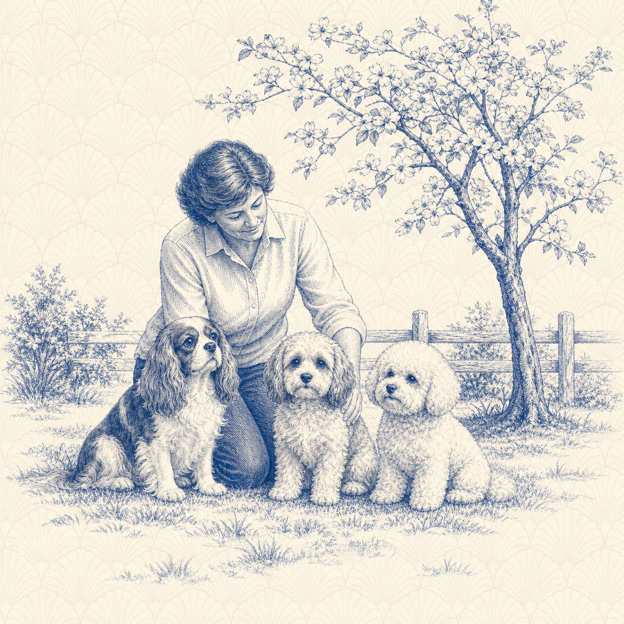 Cavachon, blue and white toile illustration