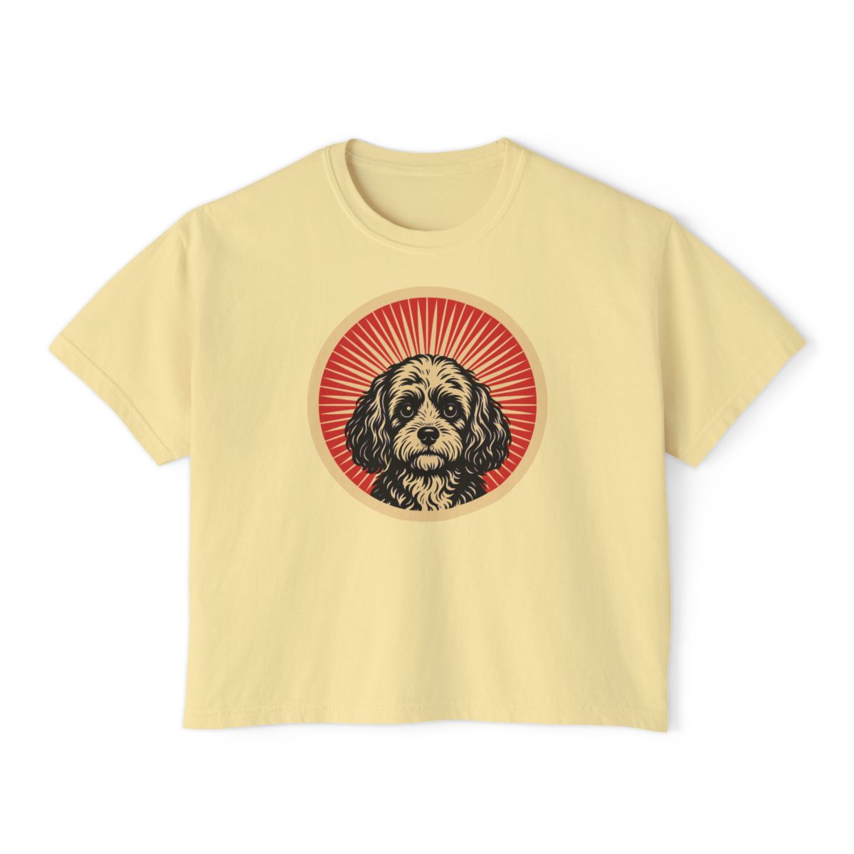 Cavapoo badge art in a ring of red rays on a boxy tee