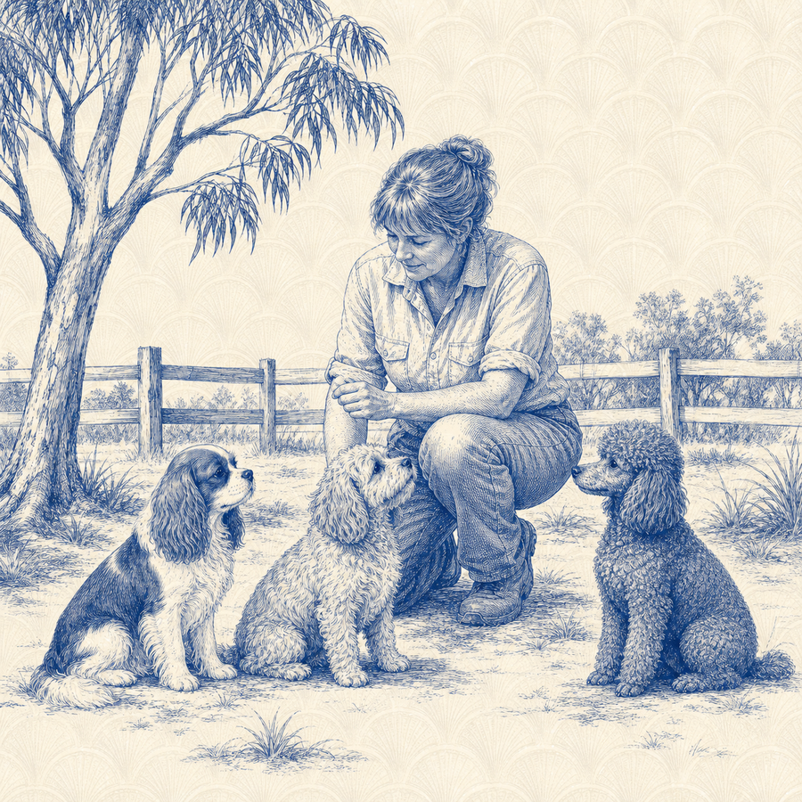 Cavapoo, blue and white toile illustration