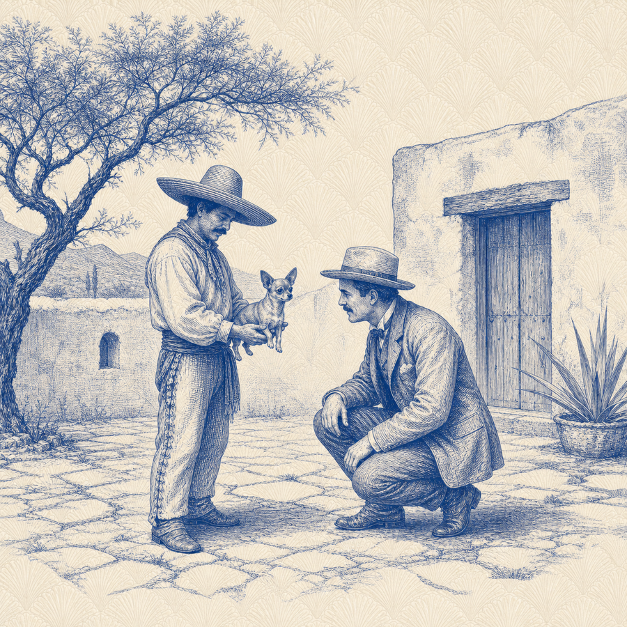 Chihuahua, blue and white toile illustration