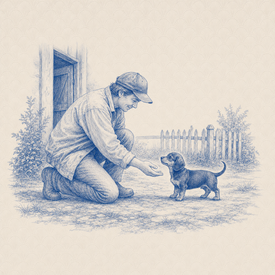 Chiweenie, blue and white toile illustration