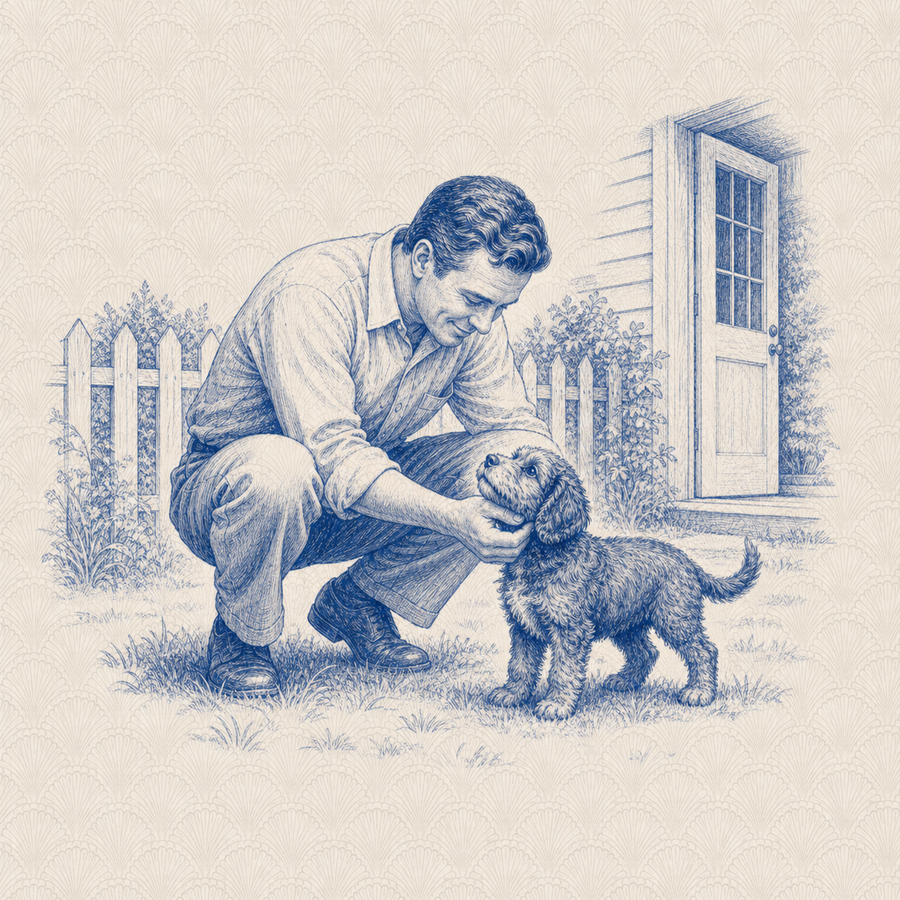 Cockapoo, blue and white toile illustration