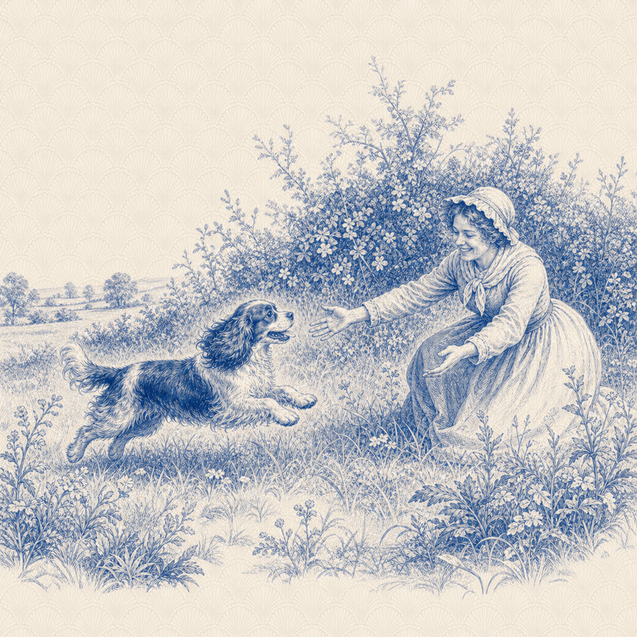 Cocker Spaniel, blue and white toile illustration