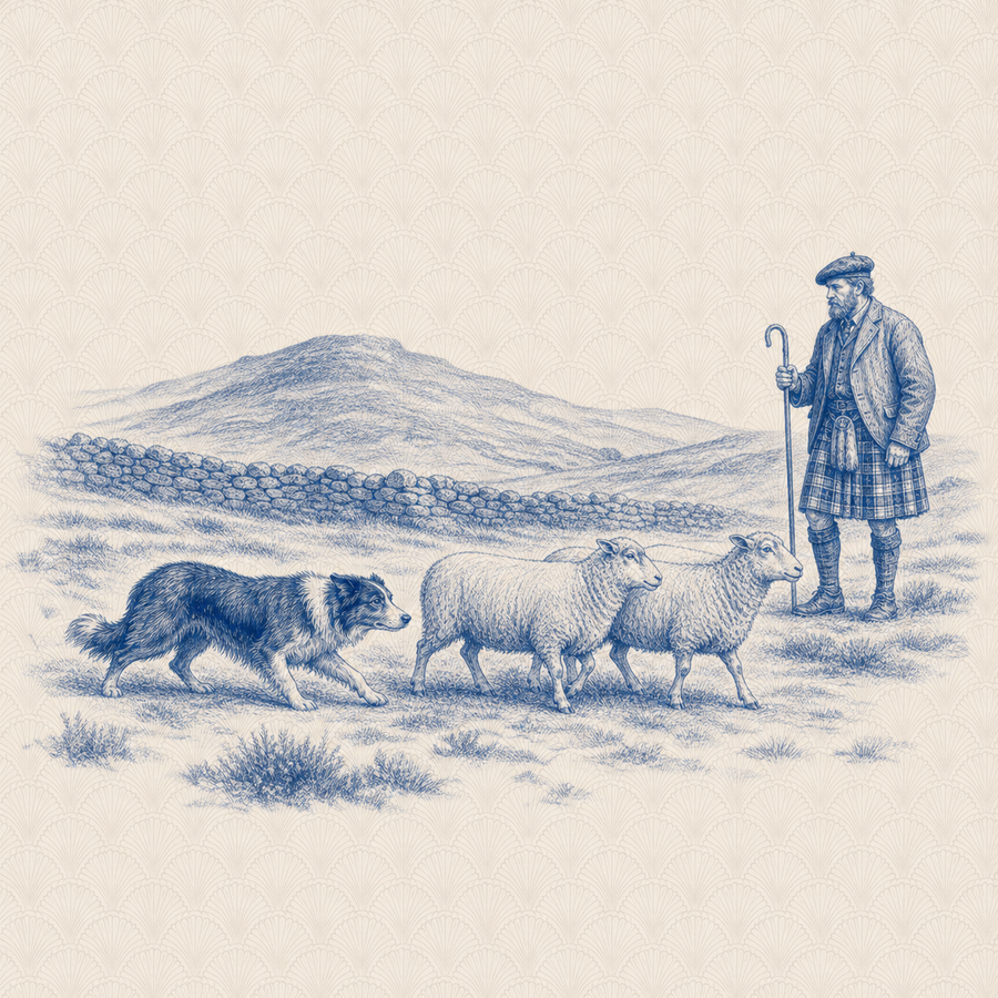 Collie, blue and white toile illustration