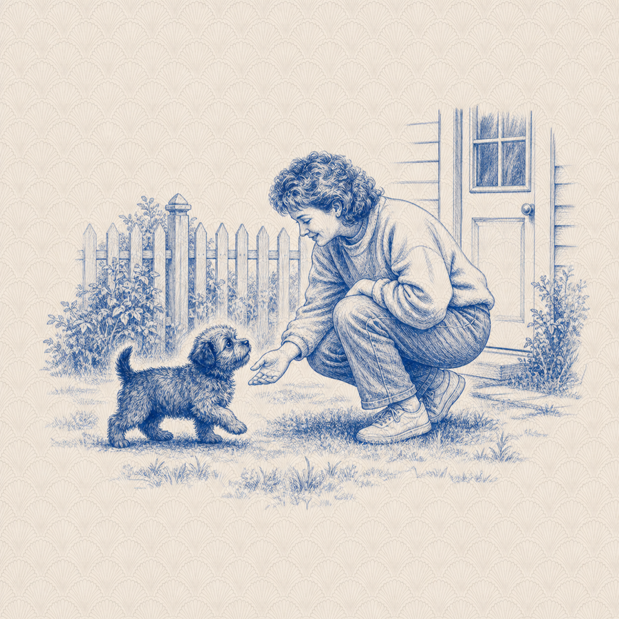 Corgipoo, blue and white toile illustration