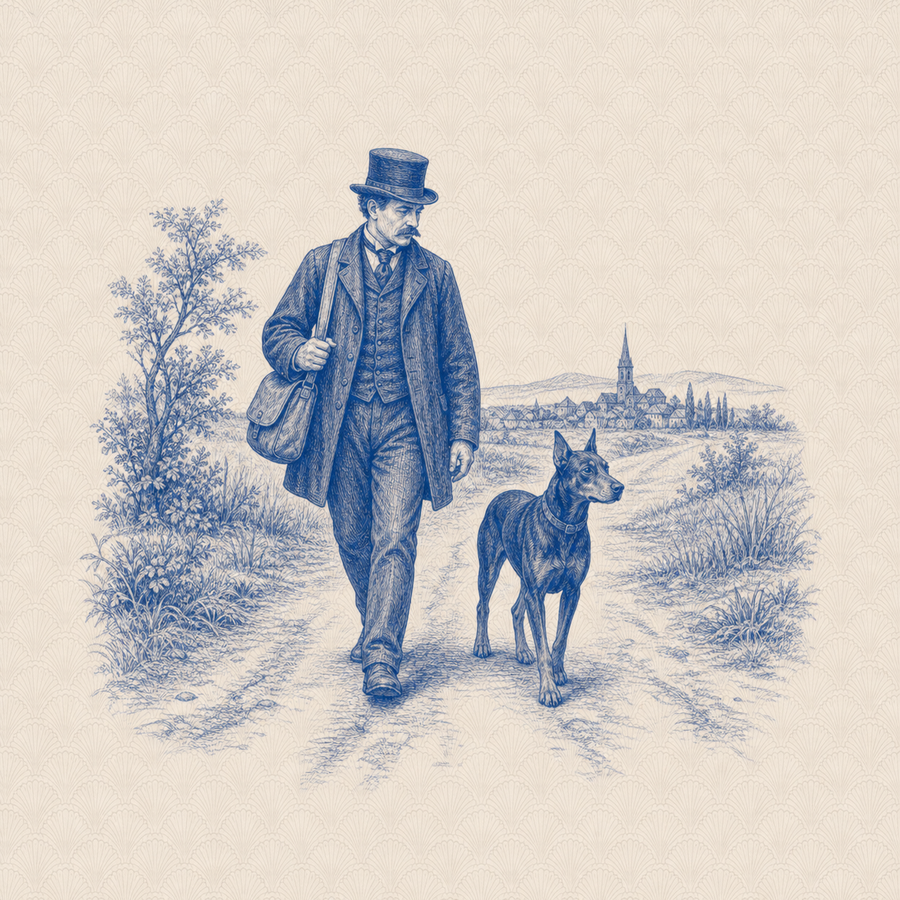 Doberman Pinscher, blue and white toile illustration