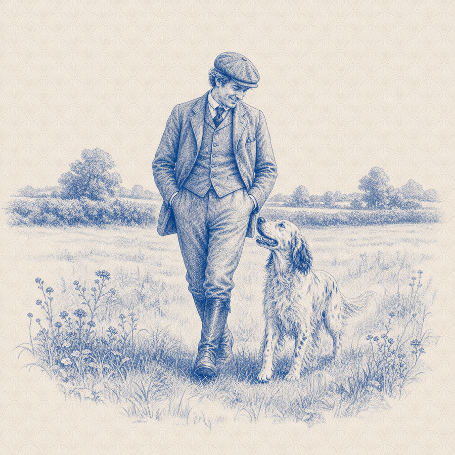 English Setter, blue and white toile illustration
