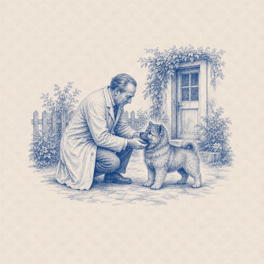 Eurasier, blue and white toile illustration