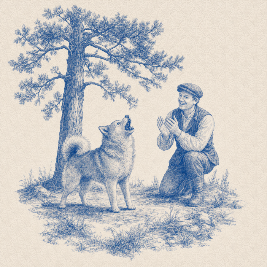 Finnish Spitz, blue and white toile illustration
