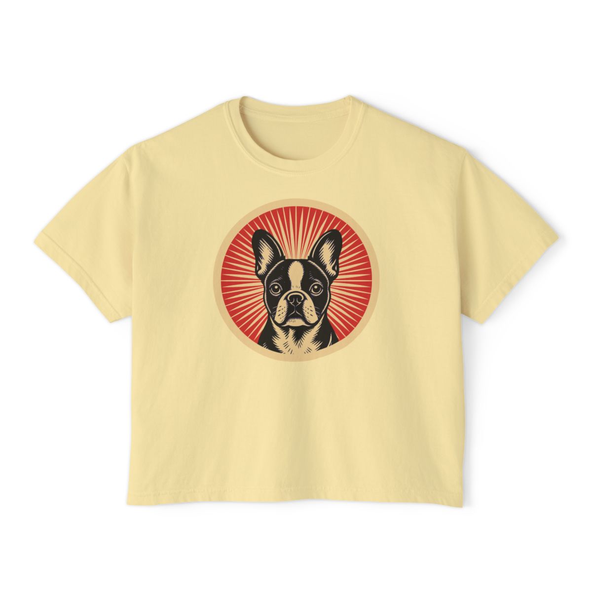 Frenchton badge art in a ring of red rays on a boxy tee