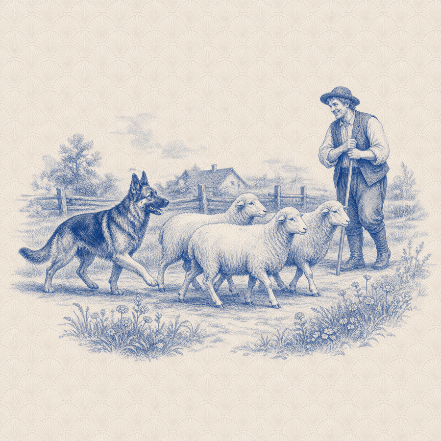 German Shepherd, blue and white toile illustration