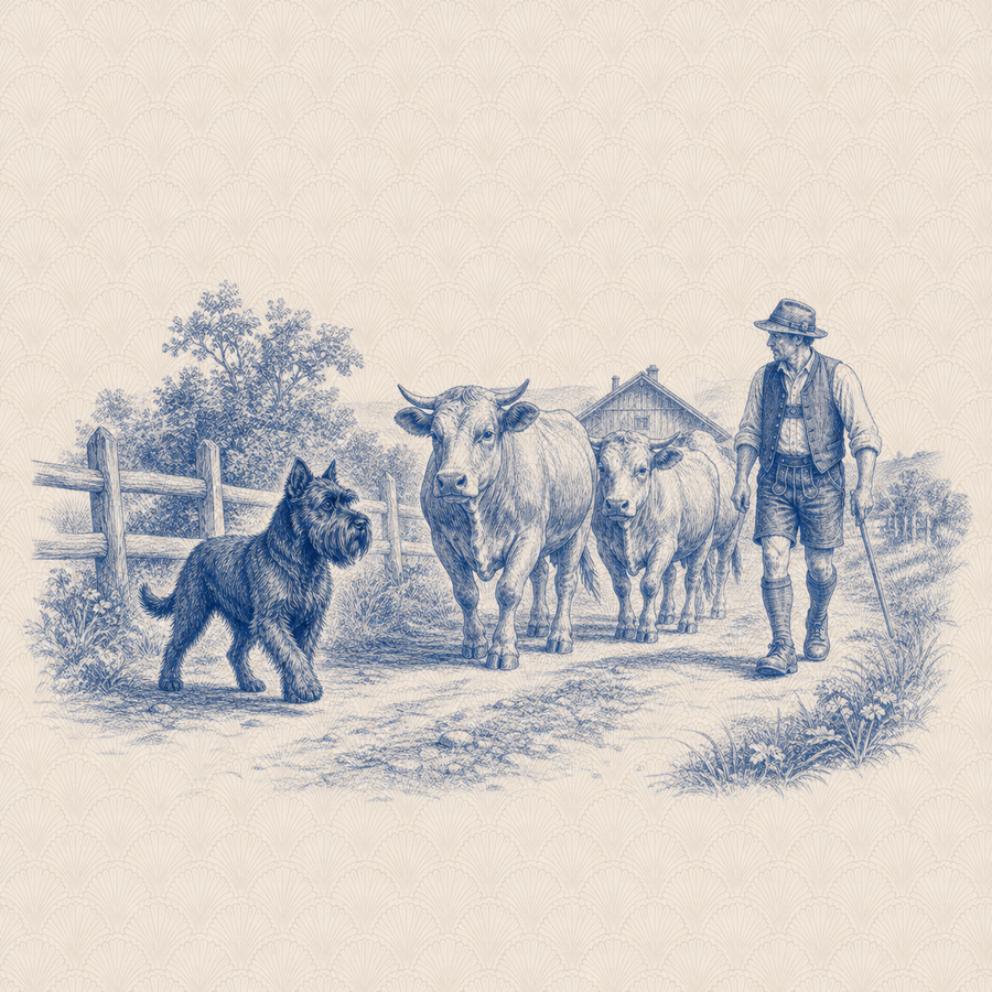 Giant Schnauzer, blue and white toile illustration