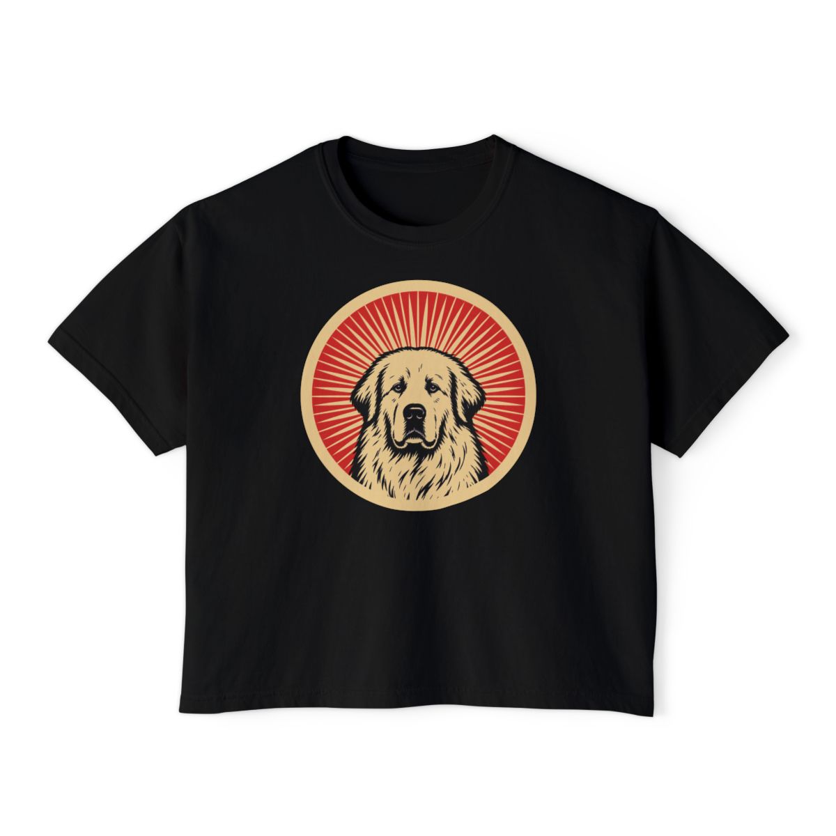 Great Pyrenees badge art in a ring of red rays on a boxy tee