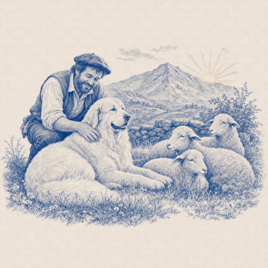 Great Pyrenees, blue and white toile illustration